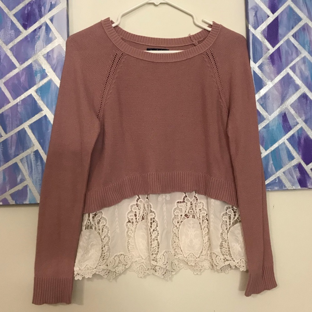 Pink Lace Cropped American Eagle Sweater